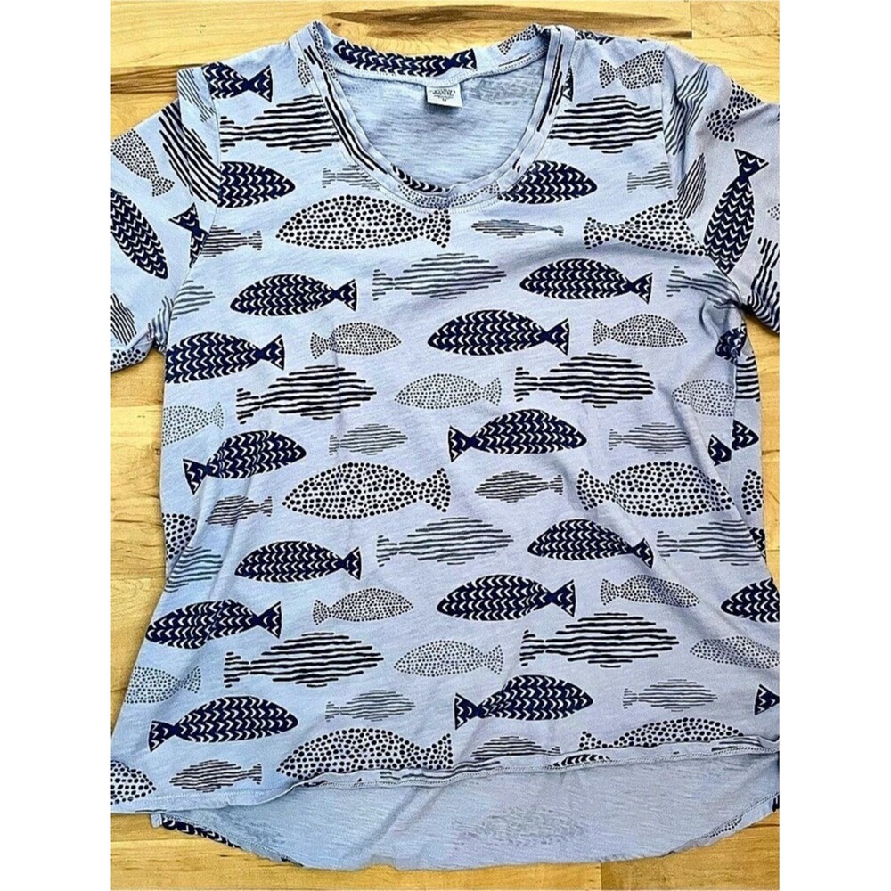 Cotton Lani Short Sleeve Fish Print Tee Blue & Gray Medium